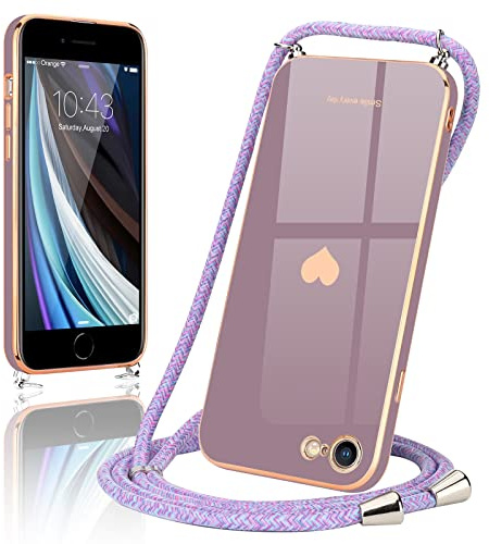 Wirvyuer Handyband Kompatibel mit iPhone SE 2022 Hülle, iPhone 7,iPhone 8,iPhone SE2020 Handyhülle mit Band zum Umhängen Kameraschutz Liebesherz Silikon Hülle für iPhone 7/8/SE2020/SE2022 Lavendel