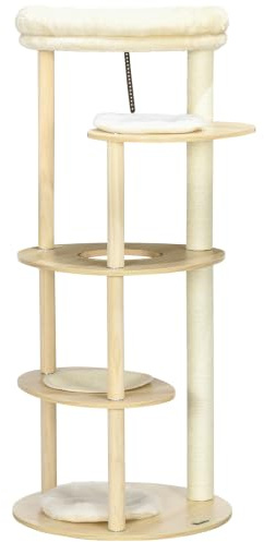 PawHut Kratzbaum Kratzbaum mit Sisalpfosten abnehmbares Kissen Plattform - Höhe 123,5 cm - Plüsch und Holz - beige
