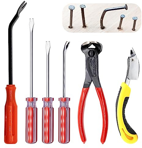 Yauhar 6Pcs Upholstery Staple Remover Tool with 7'' End Cutting Pliers, Tack Puller Lifter and Staple Removal Tool Quickly and Easily Extract Nails Set for Photo Frame Carpet Floor Furniture