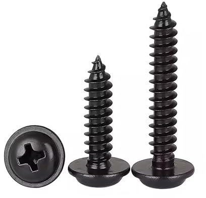 FandWay 100Pcs Self Tapping Screws Black,M5 Wood Screws Assortment,Pan Head With Washer Self Drilling Screw,Wafer Head Sheet Metal Screw Phillips Drive for DIY Woodwork Repairs.