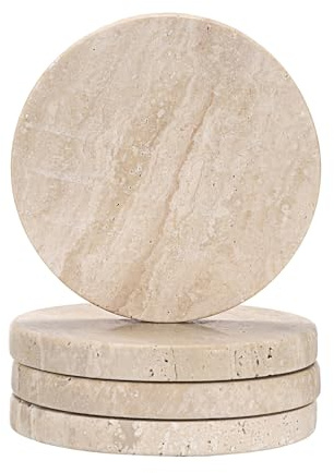 TOLIDA 4 Stück 10 x 10 cm Runde Travertin Untersetzer mit weichen Holz-Pads – Natürliche Beige Marmor Travertin Stein Untersetzer für Getränke Kaffee Tassen Home Office | Marmor Travertin-Stein, Weichholz-Pads, für Getränke, Kaffeetassen, Heimbüro-Dekoration, für Wohnzimmer, Büro, Esstisch