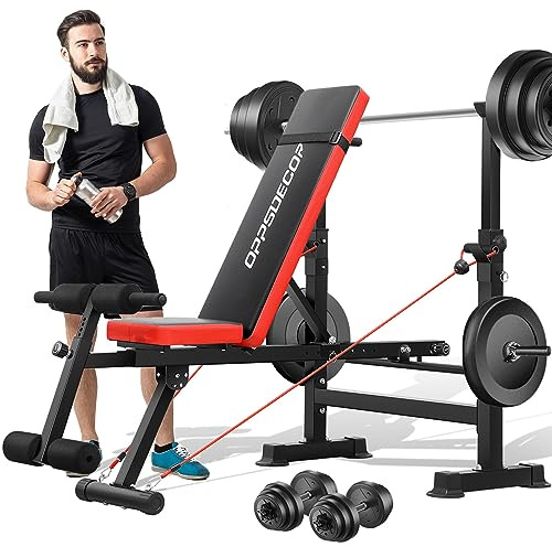 OPPSDECOR 6 in 1 900LBS Weight Bench with Leg Extension and Leg Curl, Foldable Bench Press Set and Squat Barbell Rack with Preacher Curl, Adjustable Workout Bench for Home Gym Strength Training PXZXYX1 (Vermilionblack)
