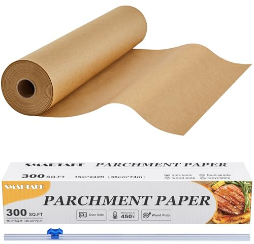 SMARTAKE Parchment Paper Roll for Baking, 15 in x 242 ft, 300 sq.ft, Non-Stick Baking Paper Sheets with Slide Cutter, Heavy Duty Extra Long, for Kitchen Baking Cooking Grilling Steaming, Unbleached