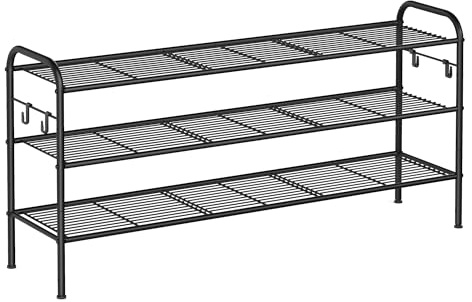 SONGMICS skoställ, skoställ med 3 nivåer, metallhylla med 4 sidokrokar, för 18 par skor, höj- och sänkbar hylla, för entré, hall, garderob, lätt att montera, bläcksvart