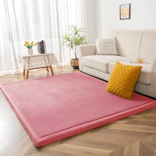 BYBYME Krabbelmatte Baby Korallen Samtmatte Kinderteppich - Extra Dicke 3cm und Weiche Spielmatte - als Teppich Kinderzimmer, Spielteppich Baby, Krabbeldecke (Rosa, 150x150cm)