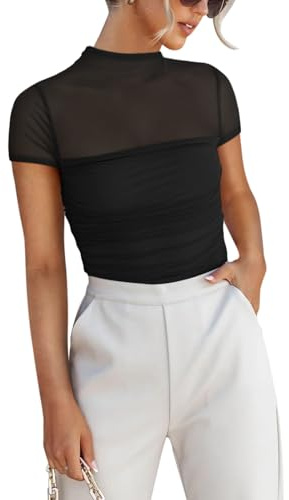 REORIA Women’s Summer Sexy Mock Turtle Neck Short Sleeve Slimming Shirts Sheer Mesh Ruched Fashion Night Out Thong Body Suits Tops Black X-Large