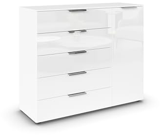 Rauch Möbel Flipp, Kommode, Farbe Glas Weiß, Breite 120 cm | Sideboard, 1-türig, 5 Schubladen, Soft-Close-Funktion, für Schlafzimmer, Gästezimmer, Wohnzimmer, Garderobe, Flur