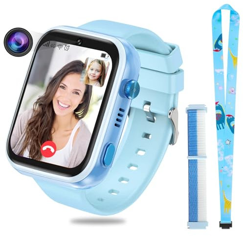 OKYUK 4G Smartwatch für Kinder, GPS-Tracker, mehrere Desktop-Stile zur Auswahl, Zwei-Wege-Anrufe, Bildkompetenz, SOS, WLAN, wasserdichter Touchscreen für 4–12 Jungen und Mädchen (T45 Blau)