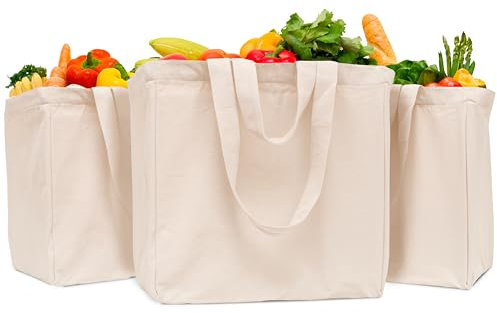 Heavy Duty Reusable Grocery Bags - Large, Extremely Sturdy, Thick Canvas Material, Double Stitched, 6 Real Pockets, Washable Canvas Grocery Shopping Tote Bags with Short and Long Handles (3 Bags)