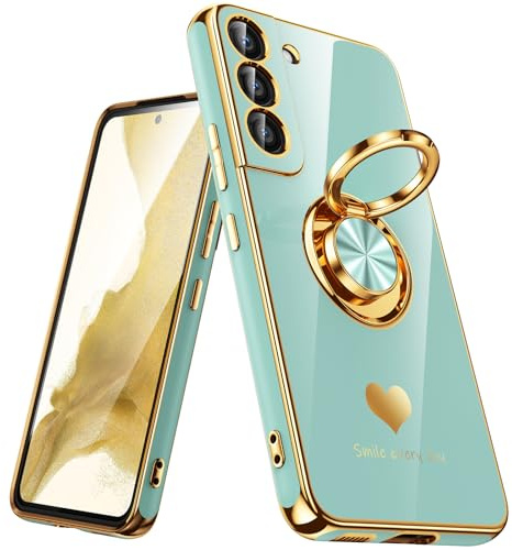 Nonional for Samsung Galaxy S22 5G Case, 360° Rotatable Ring Holder [Luxury Hearts Pattern] Plating Gold Edge Slim Soft Phone Cover Case for Galaxy S22 - Mint