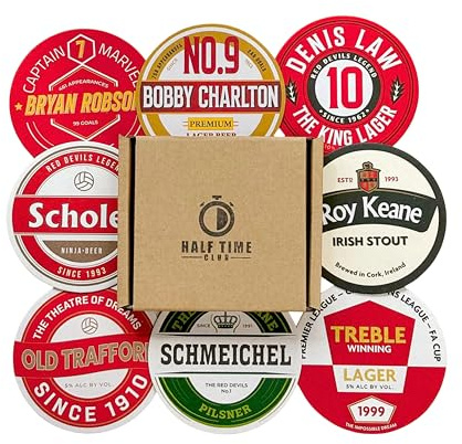 Man United Beer Mats 2nd Edition – Set of 8 Football Coasters for Men or Women – Unique Man United Gifts – MUFC Memorabilia – Gift Boxed Drink Coasters for Beer or Coffee – Football Fan Gift Idea