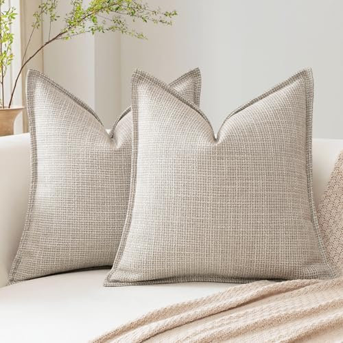 Artscope Pack of 2 Deep Beige Decorative Cushion Covers 20x20 Inch Soft Linen Texture Couch Throw Pillows Farmhouse Pillow Covers with Elegant Design for Sofa Bedroom Living Room Home Decor 50 x 50 CM