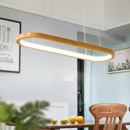 Dimmable Modern LED Wood Pendant Lamp with Remote, Oval Pendant, 70 cm, for Dining Table, Living Room & Kitchen Island Lights