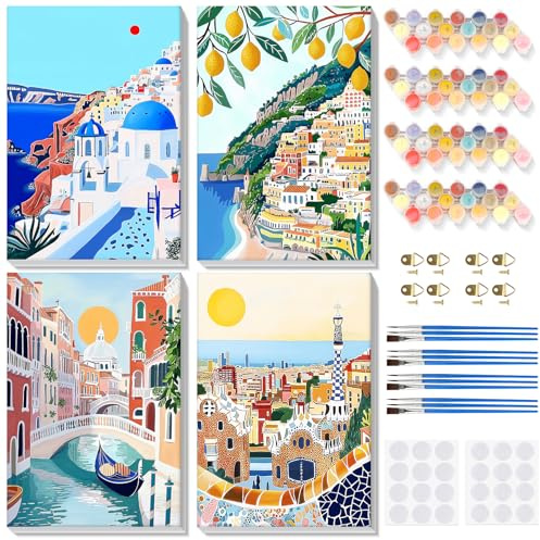Lxmsja 4 Pack Paisaje Pintar por Numeros Adultos con Marco, DIY Cuadros para Colorear por Números Lienzos, Pintura Acrilica Manualidades Adulto Decoracion Hogar Pared 20x30cm