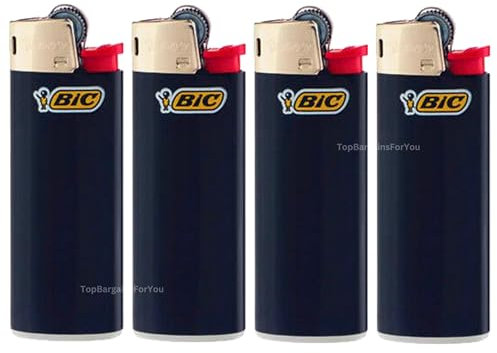 Zactly - 4 x Mini BIC Lighter Set J5 BIC Gas Lighters, Classic Assorted Colours Design Size, Flint Wheel Long Lasting Pocket Candle BBQ Lighter (4 Black)