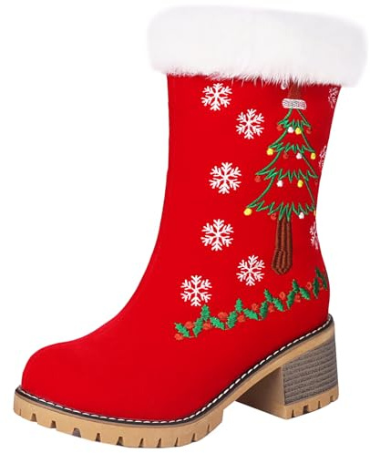 Onewus Christmas Winter Slip-On Ankle Boots with Thick Fleece Lining Festive Holiday Essential for Women Stylish Christmas Decor Casual Comfortable Wear