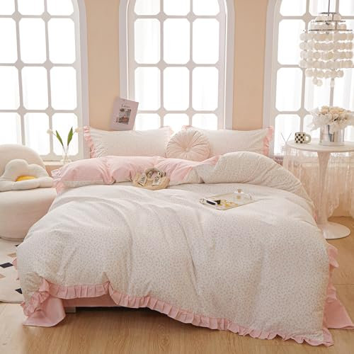 MOTNTD Pink Floral Full Duvet Cover Pink Ruffle Coquette Comforter Cover Full Size Cotton Boho Aesthetic Cute Duvet Cover Set with 4 Corner Ties Soft Bedding Set Striped Duvet Protector