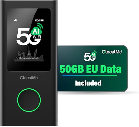 GlocalMe Numen Air 5G Portable WiFi Hotspotwith 50GB Europe Data | No SIM, No Roaming Fees, Mobile WiFi Coverage in 200+ Countries, 2.5Gbps MiFi Travel Router, Connect 16 Devices, 5400mAh Batt