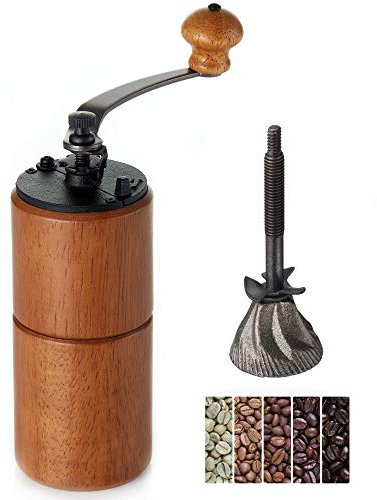 Moulin à grains de café manuel en bois avec bavure en fonte – Grande capacité à manivelle – Moulin à café portable réglable pour voyage camping en bois marron