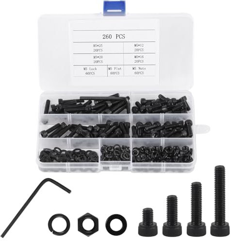 Lot de 260 vis M5 filetées, écrous et rondelles, vis cylindriques avec vis à six pans creux, assortiment de vis de machine, noires, avec clé