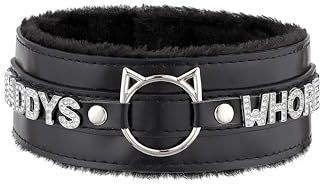 ADEMISHIA Handgefertigter Halsreif für Frauen – Katzenohr-O-Ring Punk Goth Buchstaben-Choker, schwarz/rosa pelziger Alt Modeschmuck (DADDY, Schwarz)
