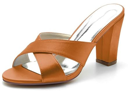 ZZQCCHL Donna Slip On Sandali In Raso Open Toe Tacco grosso Scarpe da abito da sposa Formale Prom Pumps,Arancia,37 EU