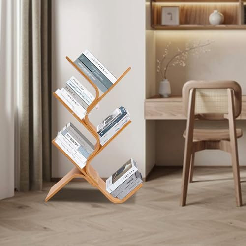 JUDEMII Libreria a forma di albero, a 5 piani, in bambù, libreria sul tavolo e sul pavimento, scaffale CD e DVD, piccolo scaffale per studio e ufficio, 63 x 20 x 91 cm