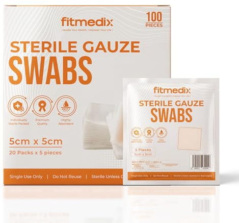 FitMedix Premium Sterile Gauze Swabs for Wound Care- Soft Non Woven Cotton Swabs for Cleaning & Dressing Changes- Breathable Non Adherent Dressing Gauze Pads for First Aid (5cm x 5cm - Pack of 100)