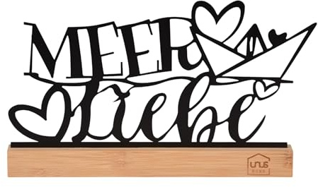 UNUS Deko-Aufsteller Meer Liebe aus Metall, schwarz mit Bambus-Sockel | Schriftzug mit Herz und Papierboot maritimes Wohnaccessoire Tischdeko & Geschenkidee