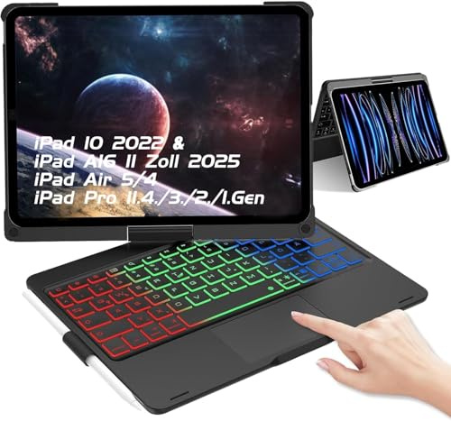 WAVATA Hülle Tastatur für iPad 10 10.9 2022/ A16 11 Zoll 2025, Air 5/4 Gen 2022/2020 10.9 Zoll mit Touchpad, 360° Drehbare Beleuchtete Tastatur für iPad Pro 11 4/3/2/1 Gen (2018-2022), Schwarz
