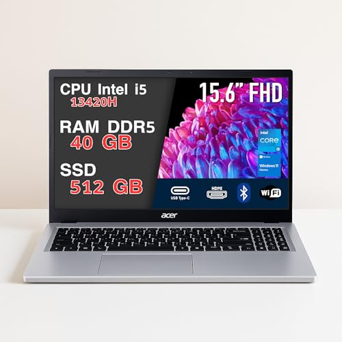 acer Aspire Go 15 Pc Portatile i5-13420H, 40GB RAM DDR5, 512GB SSD, Notebook, Computer Portatile con Wi-Fi 6, BT 5.0, 2x USB-C, Display 15.6 Full HD, Laptop Ideale Per Ufficio, Studenti E Casa