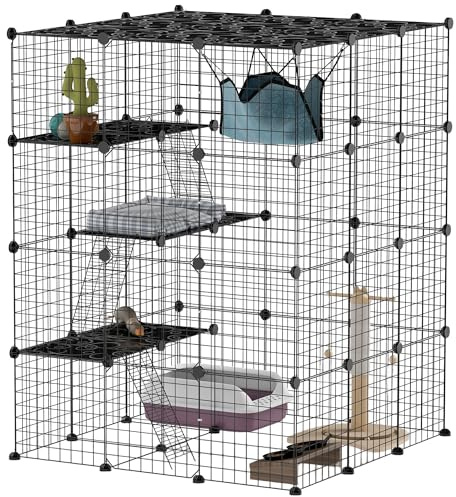 PawHut Gabbia per Gatti Modulabile a 4 Livelli con Rampe, 3 Piattaforme di Salto e 5 Porte, Casetta per Gatti con Tappetini Antiscivolo e Amaca in Acciaio e PP, per 1-3 Gatto, 105x105x140 cm, Nero