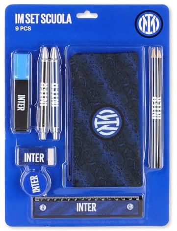 Inter linea Home - Set scuola con astuccio, righello, temperino, gomma, 2 penne, 2 matite ed evidenziatore, Blu Royal con stampa Snake e logo ufficiale