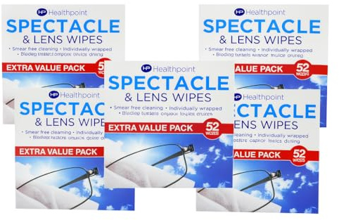 Healthpoint Spectacle Wipes Extra Value 5 Packs of 52 (260 Wipes Total) | Streak-Free Lens Cleaning Wipes for Glasses, Screens, Optical Devices | Individually Wrapped | Quick Dry Anti-Smudge Formula