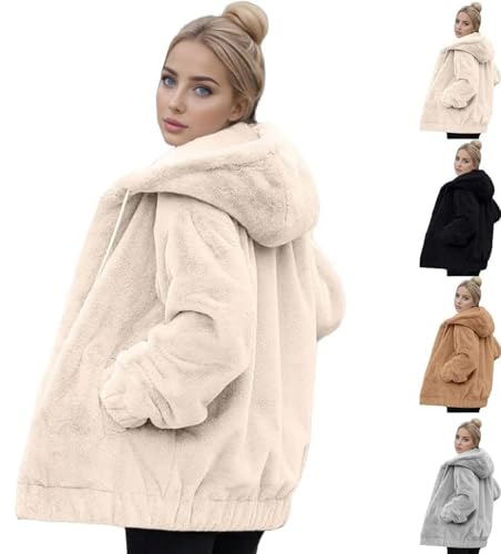 PAIDAXING Winter Fleece Jackets for Women UK Zip Up Fuzzy Teddy Coats Cozy Hooded Sherpa Cardigans Ladies Fluffy Oversized Drawstring Faux Fur Hoodies with Posckets Warm Solid Color Outwear