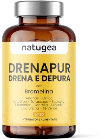 Natugea Drenapur – Integratore Alimentare con Bromelina da Ananas, Supporto al Drenaggio dei Liquidi Corporei e al Microcircolo, 2500 GDU, 120 Capsule, Made in Italy