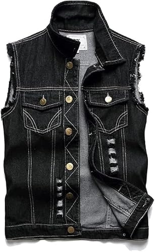 Ginsiom Men's Denim Vest,Sleeveless Jacket Slim Fit Vintage Casual Ripped Summer Jean Vest for Men