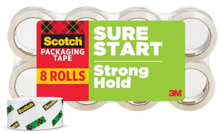 Scotch Sure Start Packing Tape, Clear, Quiet Unwind and Easy Start, 1.88 in. x 54.6 yd., 8 Tape Rolls
