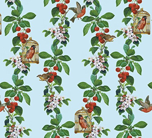 blaue, schöne Tapete: Die Apfelkirsche mit Vögeln, Blüten und Kirschen für Gartenfreunde - Vlies Tapete Blumen Obst Tiere - Klassische GMM Wandtapete für edle Wohnakzente (H: 3m B: 46,5cm)