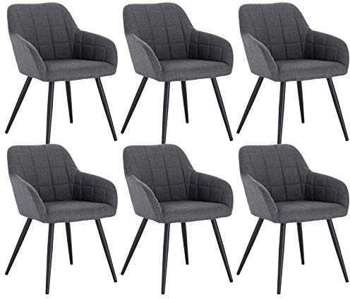 WOLTU Esszimmerstühle 6er Set, Küchenstühle mit Armlehnen | mit Sitzfläche aus Leinen, Gestell aus Metall, modern, für Wohnzimmer Küche Esszimmer, Dunkelgrau