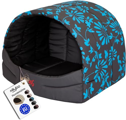 millybo Hundehütte Hundehöhle Hundebett Hundehaus S-XL (R3 (55 x 43 cm), grau mit Muster (Blaue Blumen))