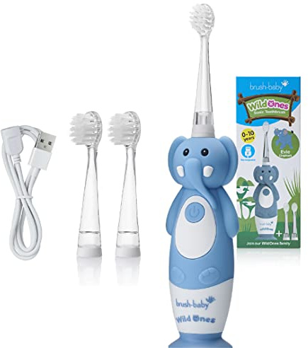 Brush-Baby WildOnes Brosse à dents électrique, rechargeable, pour enfant, motif éléphant, 1 poignée, 3 têtes de brosse, câble de charge USB, pour enfants de 0 à 10 ans (éléphant)