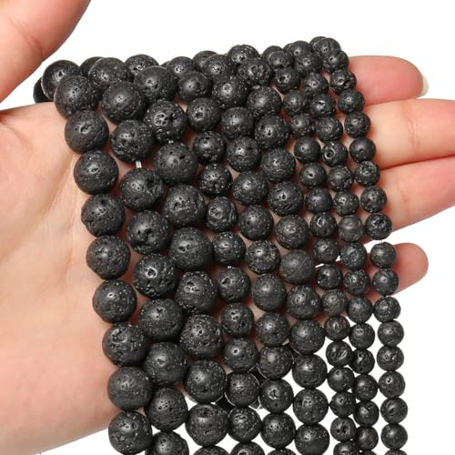 60pcs 6mm Natural Stone Beads Black Lava Beads Crystal Gemstone for Jewelry Making, DIY Bracelet Necklace