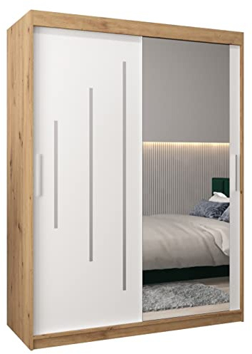 MEBLE KRYSPOL Kleiderschrank mit Spiegel York 2 - Garderobenschrank - Schrank Schlafzimmer - Mehrzweckschrank Zwei Schiebetüren - Regalen - Flur Möbel - Kleiderstange Schrank - Allzweckschrank