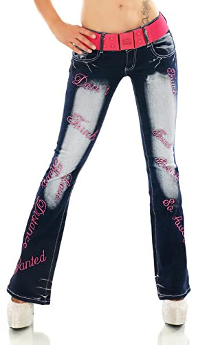 Dam, bootcut jeans, byxor, utsvängda jeans, olika broderi, tatuering, drake, bukett, bokstäver inkl. Bälte XS–XXL, 44