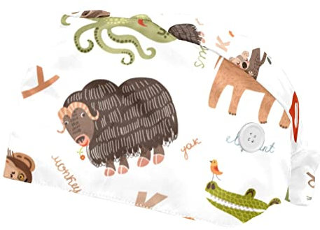 2er-Pack Schrubbmützen,Bouffant-Hüte,Zoo-Cartoon-Tiername,Arbeitskappen mit Knopf und Schweißband,verstellbar