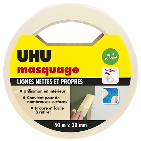 UHU Rollafix - Ruban de masquage - Intérieur - Multi-Surfaces : Métal, Carrelage, Verre, Bois, Plâtre - Pour travaux et loisirs de peinture - Beige - Rouleau de 30 m x 50 mm