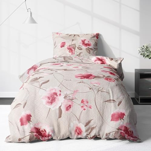 LINKHOFF Biber Bettwäsche 155x220 2tlg - Blumenbettwäsche Rosenmuster - 100% Baumwolle - Beige Rosa - Pflanzenmuster Äste Blüten - Rosen Bettwäsche blümchen - Kissenbezug 80x80
