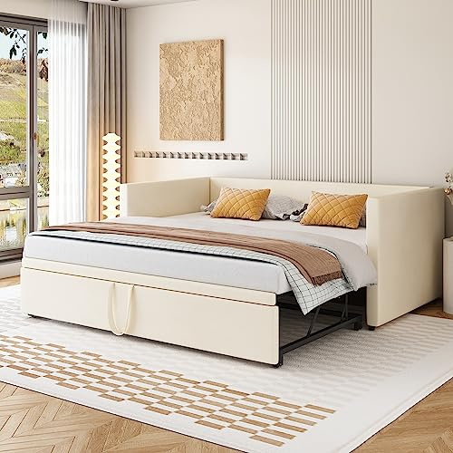 Merax Schlafcouch Ausziehbar 90/180 x 200 cm, Klappsofa mit Lattenrost, Couch Bett 2 Sitzer mit Schlaffunktion, Samtstoff, Beige (Ohne Matratze)
