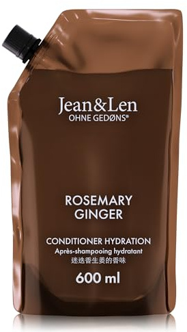 Jean & Len Acondicionador Hidratante Romero y Jengibre en bolsa de recambio, para cabellos secos, nutre intensamente y mejora la peinabilidad, fragancia especiada, sin siliconas ni parabenos, 600 ml